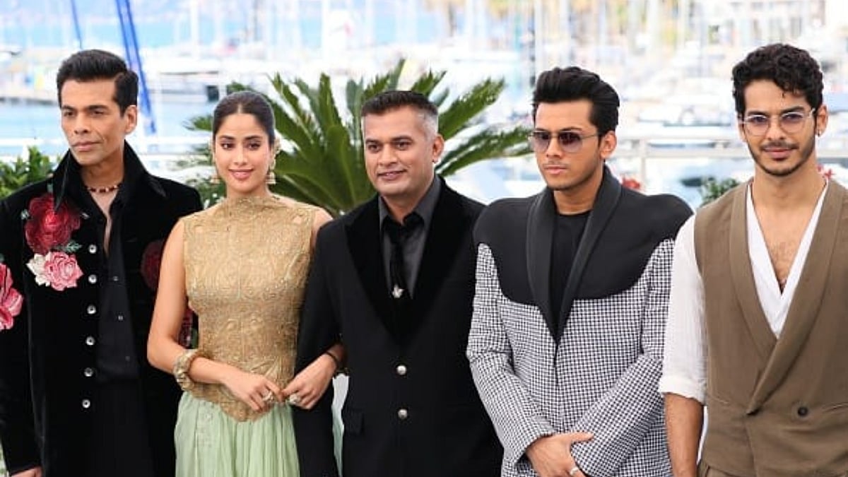 Getty : From left- Karan Johar, Janhvi Kapoor, Neeraj Ghaywan, Vishal Jethwa and Ishaan Khatter at the world premiere of Homebound at Cannes 2025