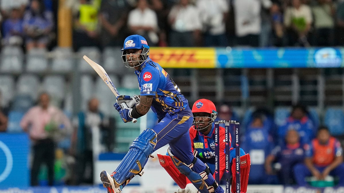 Mumbai Indians' Suryakumar Yadav plays a shot during the Indian Premier League cricket match between Mumbai Indians and Delhi Capitals at Wankhede Stadium in Mumbai, India, Wednesday, May 21, 2025. 
 - (AP Photo/Rajanish Kakade)


