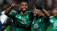 File : Al-Ahli striker Ivan Toney celebrates after scoring a goal.