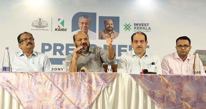 Minister for Industries, Law and Coir Shri P. Rajeeve addressing the press conference