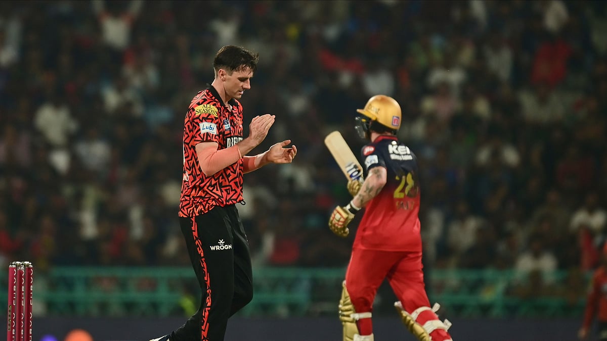 AP Photo : Sunrisers Hyderabad's captain Pat Cummins celebrates the dismissal of Royal Challengers Bengaluru's Phil Salt during the Indian Premier League cricket match in Lucknow.