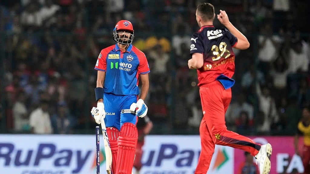 | Photo: AP/Manish Swarup : Royal Challengers Bengaluru's Josh Hazlewood celebrates after dismissing Delhi Capital's Axar Patel during IPL 2025.