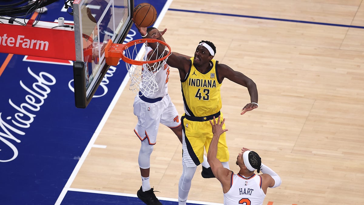 Pascal Siakam #43 of the Indiana Pacers dunks the ball against Josh Hart #3 of the New York Knicks during the first quarter in Game Two of the Eastern Conference Finals of the 2025 NBA Playoffs at Madison Square Garden on May 23, 2025 in New York City.