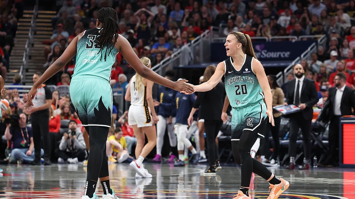 Jonquel Jones and Sabrina Ionescu #20 of the New York Liberty celebrates during the 90-88 win over the Indiana Fever at Gainbridge Fieldhouse on May 24, 2025 in Indianapolis, Indiana.