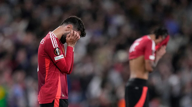 Manchester United reacts at the end of the Europa League final. AP