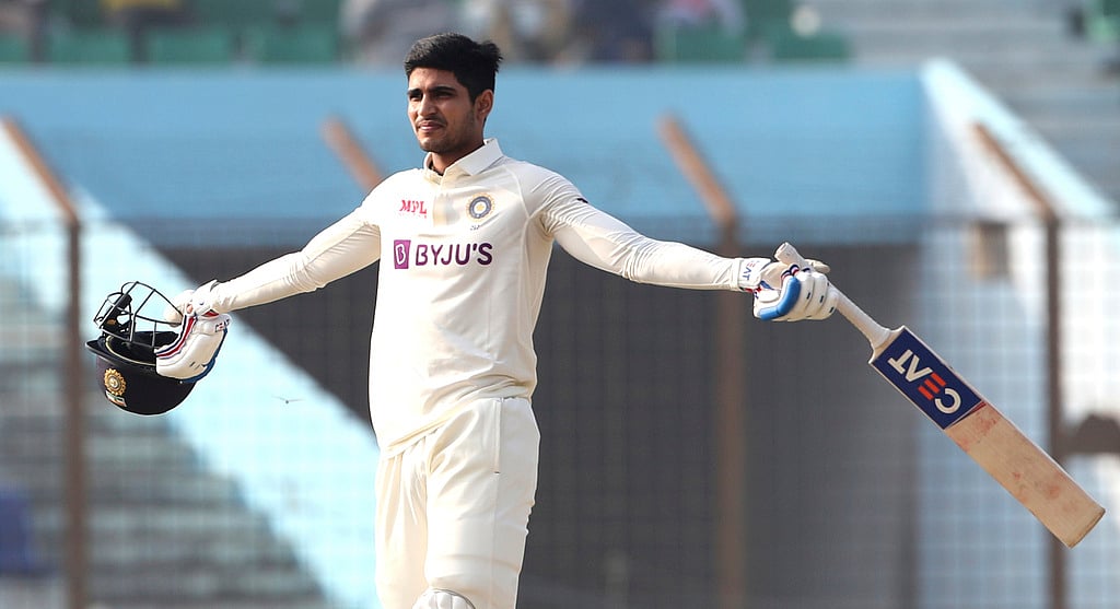 AP/File : India's Shubman Gill celebrates after scoring a century during the third day of the first Test cricket match between Bangladesh and India in Chattogram Bangladesh, Dec. 16.