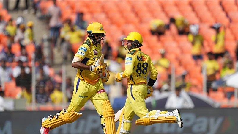Chennai Super Kings Urvil Patel, left, and Devon Conway. AP