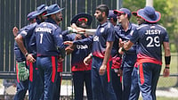 X/USA Cricket : United States players celebrate a Canada wicket during match 72 of the ICC Cricket World Cup League Two 2023-27.