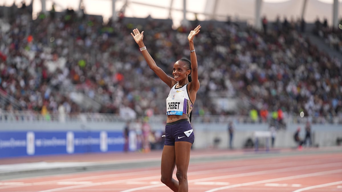 X | Wanda Diamond League  : Two-time Olympic gold medallist Beatrice Chebet celebrates her win in the Women's 3000m at the Rabat Diamond League 2025.