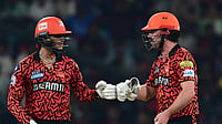 AP Photo : Sunrisers Hyderabad's Abhishek Sharma and Travis Head give gloves touch during the Indian Premier League cricket match in Lucknow.