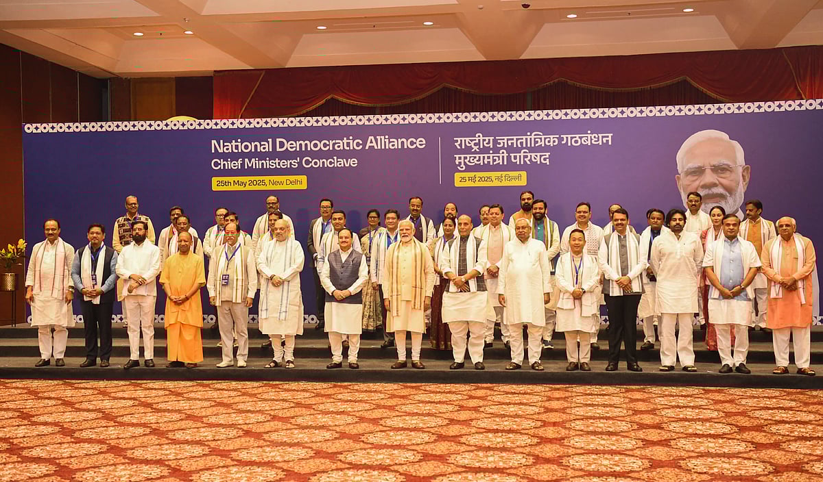 New Delhi: Prime Minister Narendra Modi, Defence Minister Rajnath Singh, Union Home Minister Amit Shah, Union Minister and BJP National President JP Nadda with NDA Chief Ministers and Deputy CMs pose for group picture during National Democratic Alliance Chief Ministers' Conclave, in New Delhi, Sunday, May 25, 2025.  - | PTI