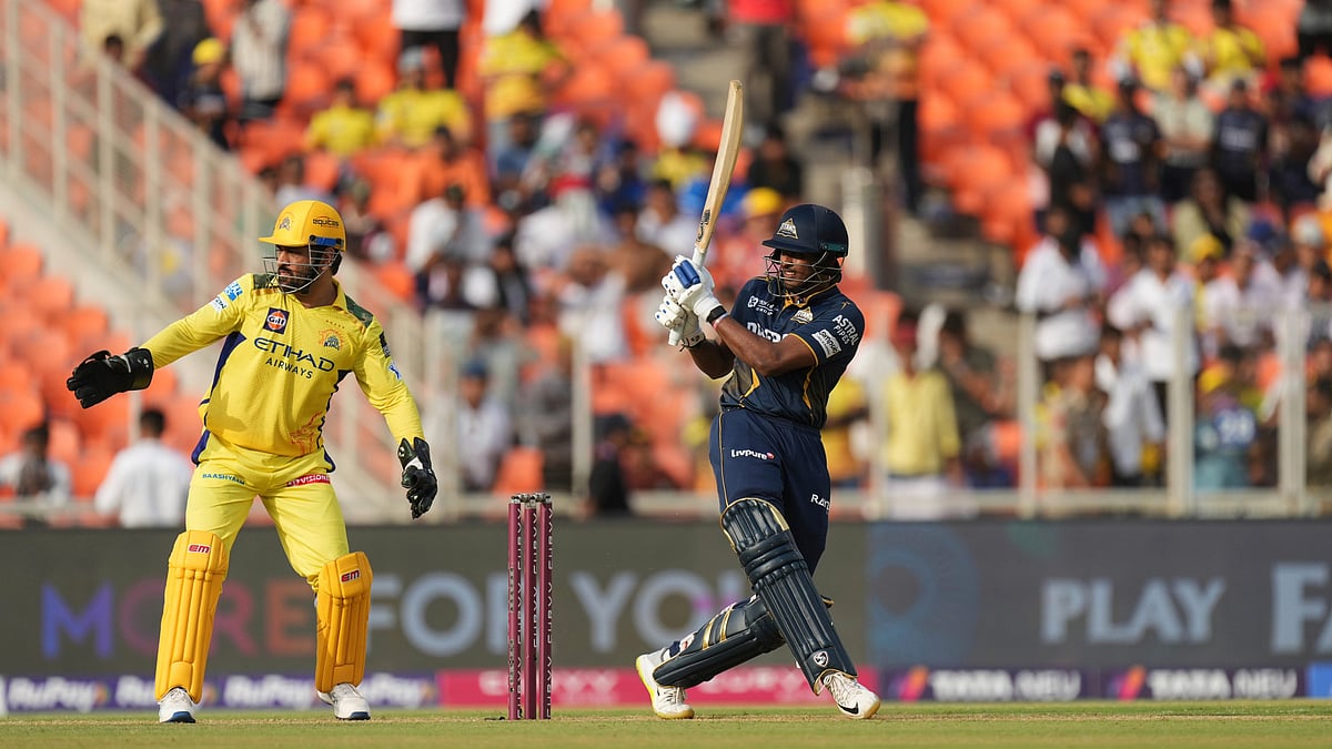 AP Photo/Ajit Solanki : Gujarat Titans' Sai Sudharsan bats during the Indian Premier League cricket match in Ahmedabad.