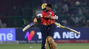 AP/Surjeet Yadav : Punjab Kings' captain Shreyas Iyer, right, and batting partner Nehal Wadhera celebrate after their win in the Indian Premier League cricket match against Mumbai Indians at Sawai Mansingh Stadium in Jaipur, India, Monday, May 26, 2025.
