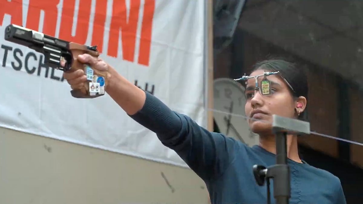 Tejaswini in action during the women's 25m pistol competition at the ISSF Junior World Cup. - X/NRAI