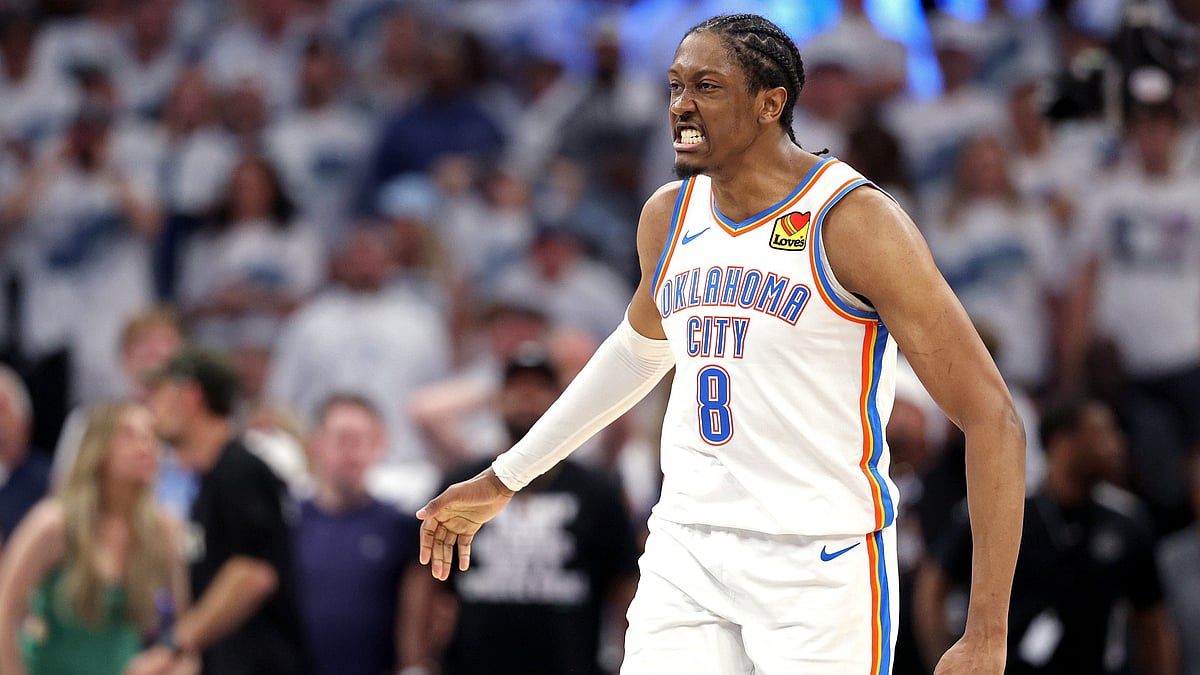 Oklahoma City Thunder forward Jalen Williams celebrates during Game 4 of the 2025 Western Conference Finals.