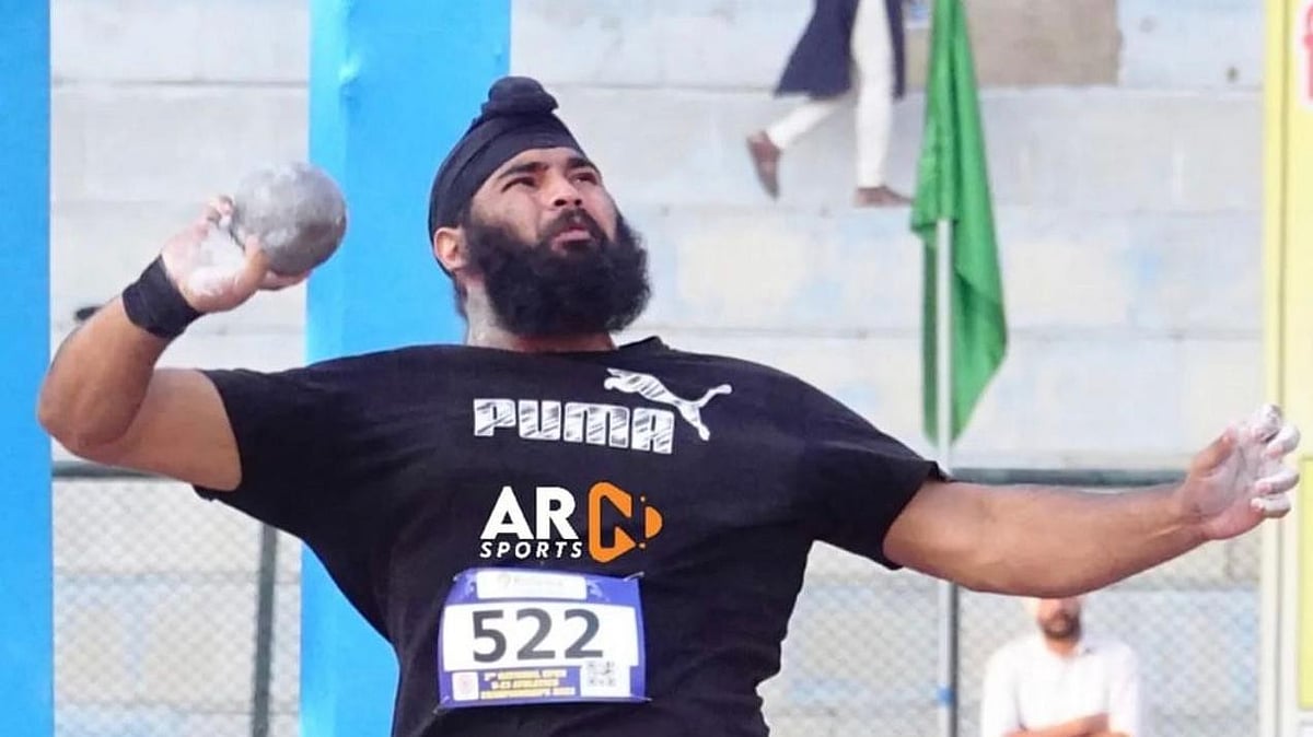 Special Arrangement : Indian shot put athlete Samardeep Singh Gill in action.