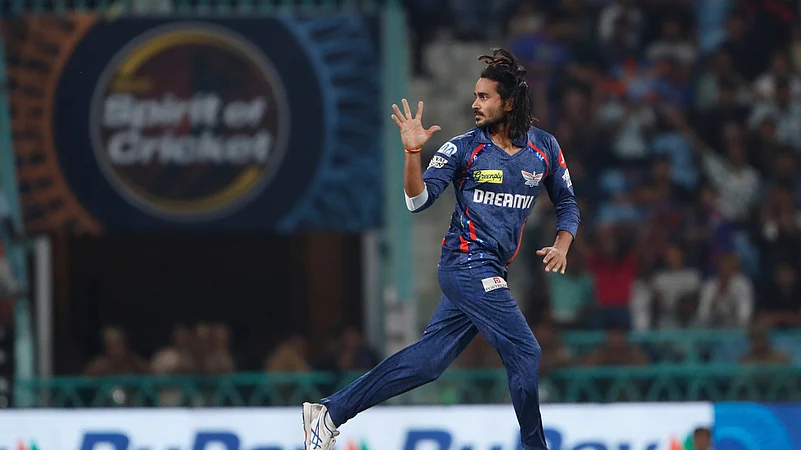 Lucknow Super Giants Digvesh Rathi celebrates the dismissal. AP