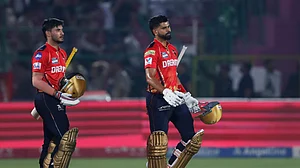 (AP Photo/Surjeet Yadav)
: Punjab Kings' captain Shreyas Iyer, second left, and batting partner Nehal Wadhera, left, leave the field after their win in the Indian Premier League cricket match against Mumbai Indians at Sawai Mansingh Stadium in Jaipur, India, Monday, May 26, 2025.