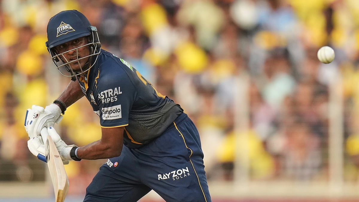 AP Photo/Ajit Solanki : Gujarat Titans' Sai Sudharsan bats during the Indian Premier League cricket match between Gujarat Titans and Chennai Super Kings at Narendra Modi Stadium in Ahmedabad.