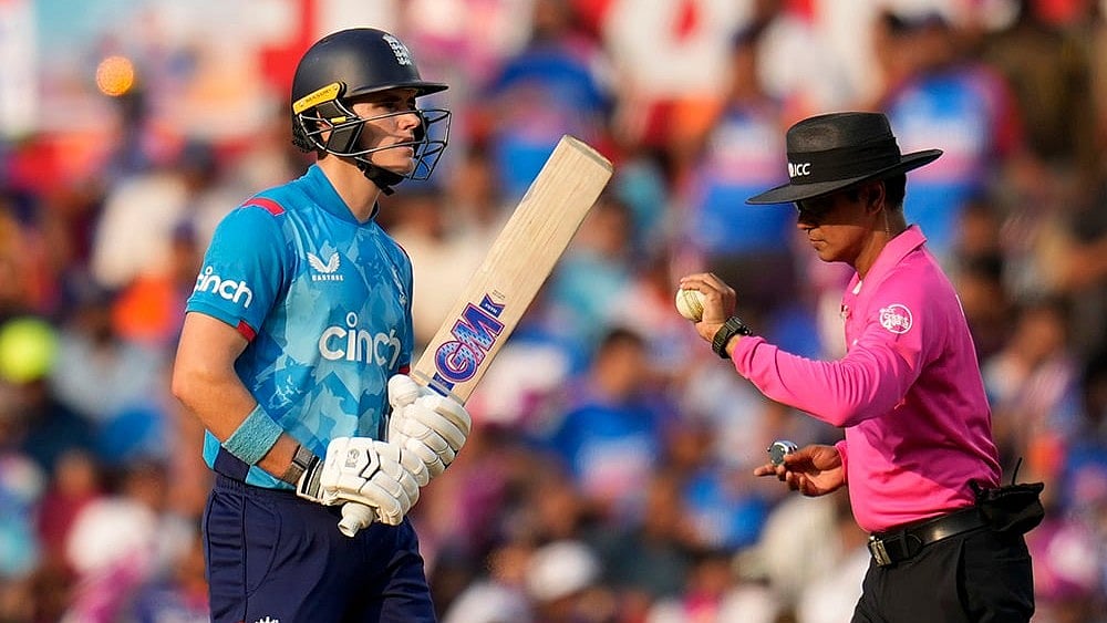 | Photo: AP/Aijaz Rahi : England's Jacob Bethell celebrates after scoring fifty runs