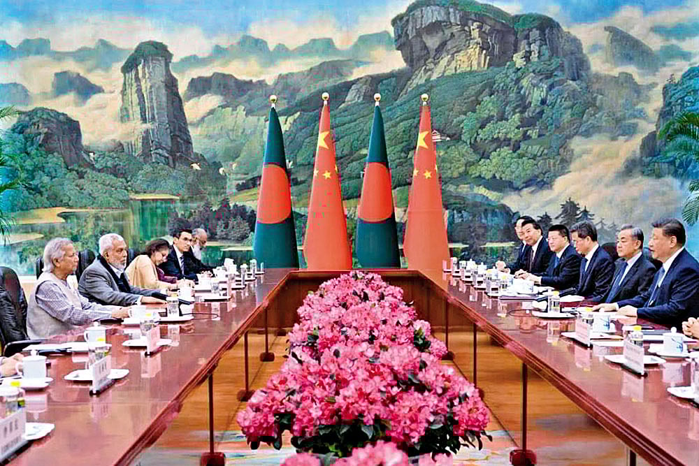 Changing Strategy: Bangladesh’s Muhammad Yunus with China’s Xi Jinping in Beijing on March 28, 2025 - Courtesy: X