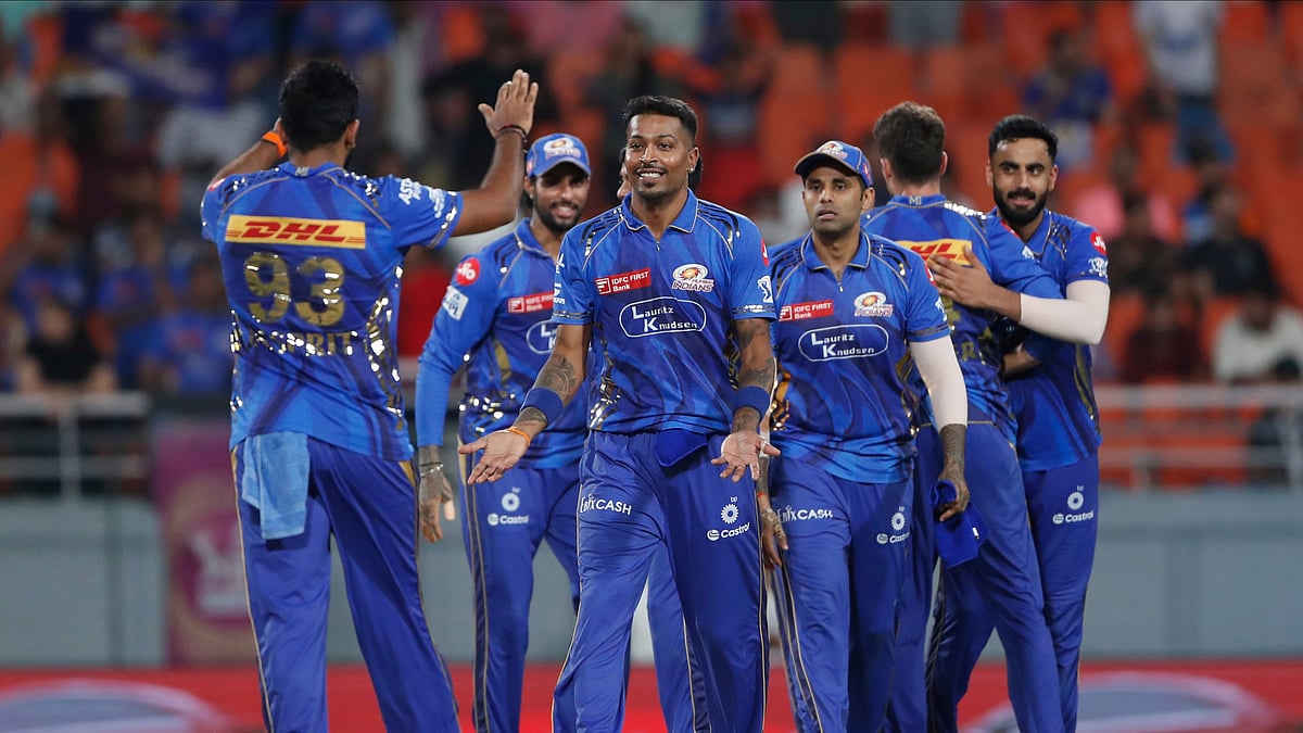  (AP Photo) : Mumbai Indians' captain Hardik Pandya, center without cap, celebrates with teammates after their win in the Indian Premier League eliminator cricket match against Gujarat Titans at Maharaja Yadavindra Singh Cricket Stadium in Mohali, India, Friday, May 30, 2025.


