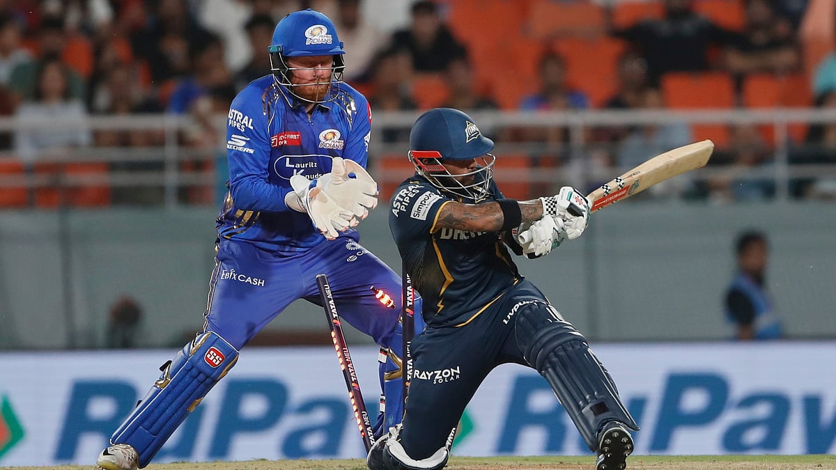  (AP Photo)
 : Gujarat Titans' Kusal Mendis attempts a shot as he is dismissed hit wicket on a delivery by Mumbai Indians' Mitchell Santner during the Indian Premier League eliminator cricket match between Mumbai Indians and Gujarat Titans at Maharaja Yadavindra Singh Cricket Stadium in Mohali, India, Friday, May 30, 2025.

