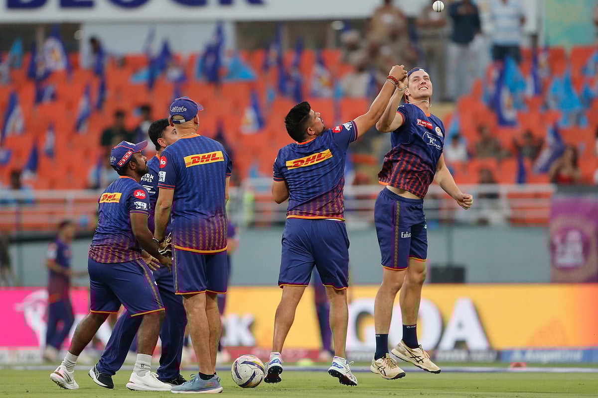 Mumbai Indians' Bevon Jacobs, right, trains with teammates ahead of the Indian Premier League eliminator cricket match between Mumbai Indians and Gujarat Titans at Maharaja Yadavindra Singh Cricket Stadium in Mohali, India, Friday, May 30, 2025.
