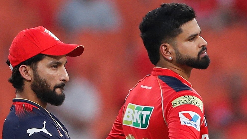 | Photo: AP : Punjab Kings' captain Shreyas Iyer and Royal Challengers Bengaluru's captain Rajat Patidar during the coin toss before IPL 2025 Qualifier 1.