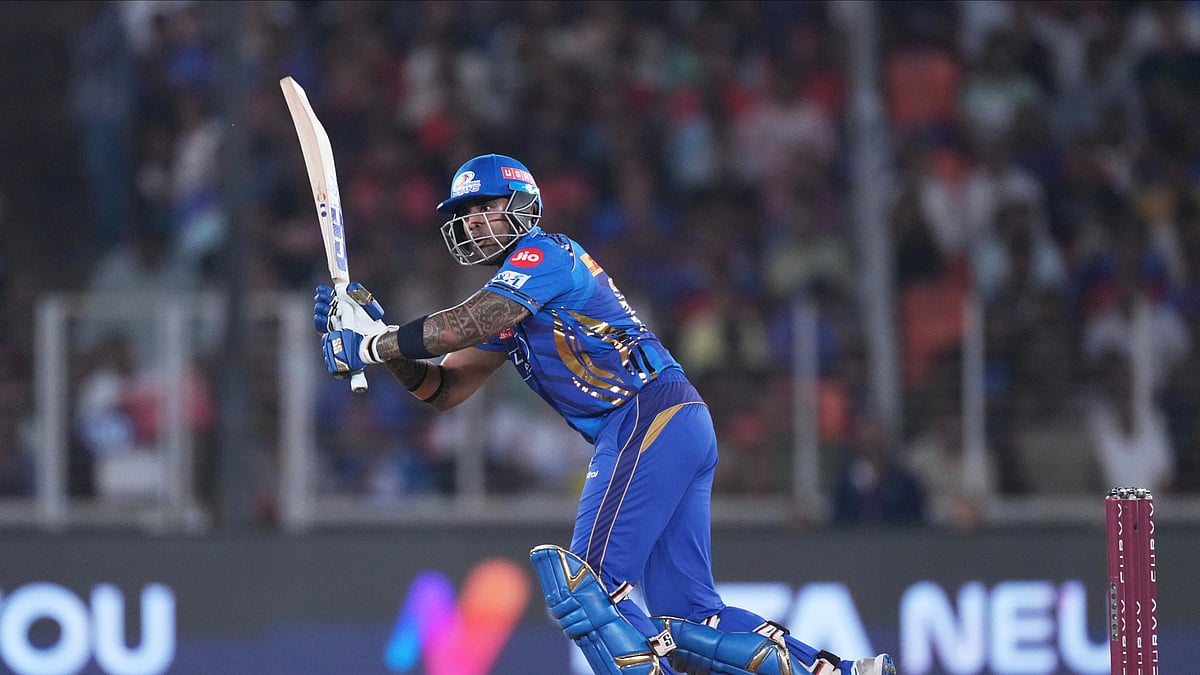 AP Photo/Ajit Solanki : Mumbai Indians' Suryakumar Yadav plays a shot during the Indian Premier League cricket match in Ahmedabad.