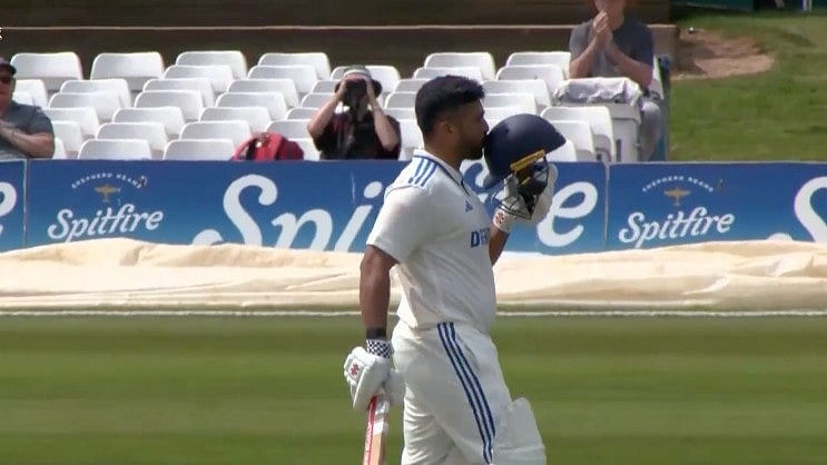 X | BCCI  : Karun Nair celebrates his century during India A vs England Lions Unofficial Test match. 