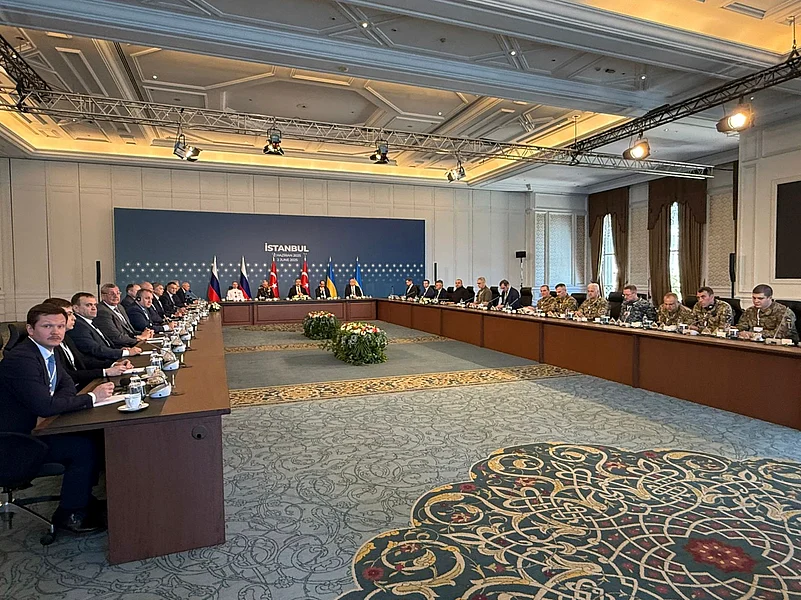Russian and Ukrainian delegations attend talks at the Ciragan Palace in Istanbul on Monday
