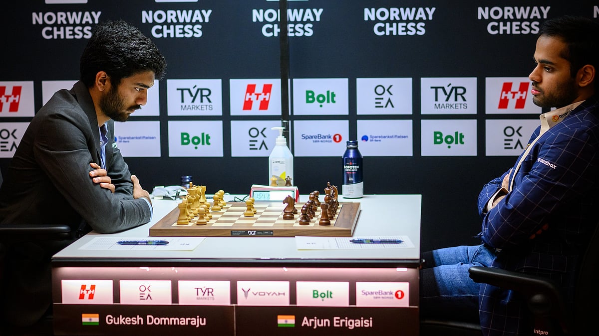 Special Arrangement : D Gukesh (left) in action against compatriot Arjun Erigaisi at round 7 of Norway Chess 2025.
