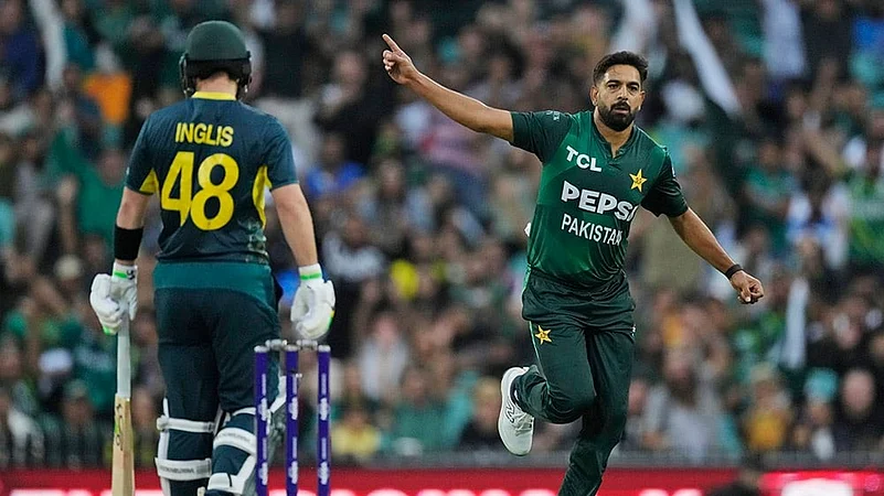 Pakistans Haris Rauf celebrates the wicket of Australias captain Josh Inglis