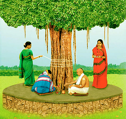 Women are doing Puja around Banyan Tree