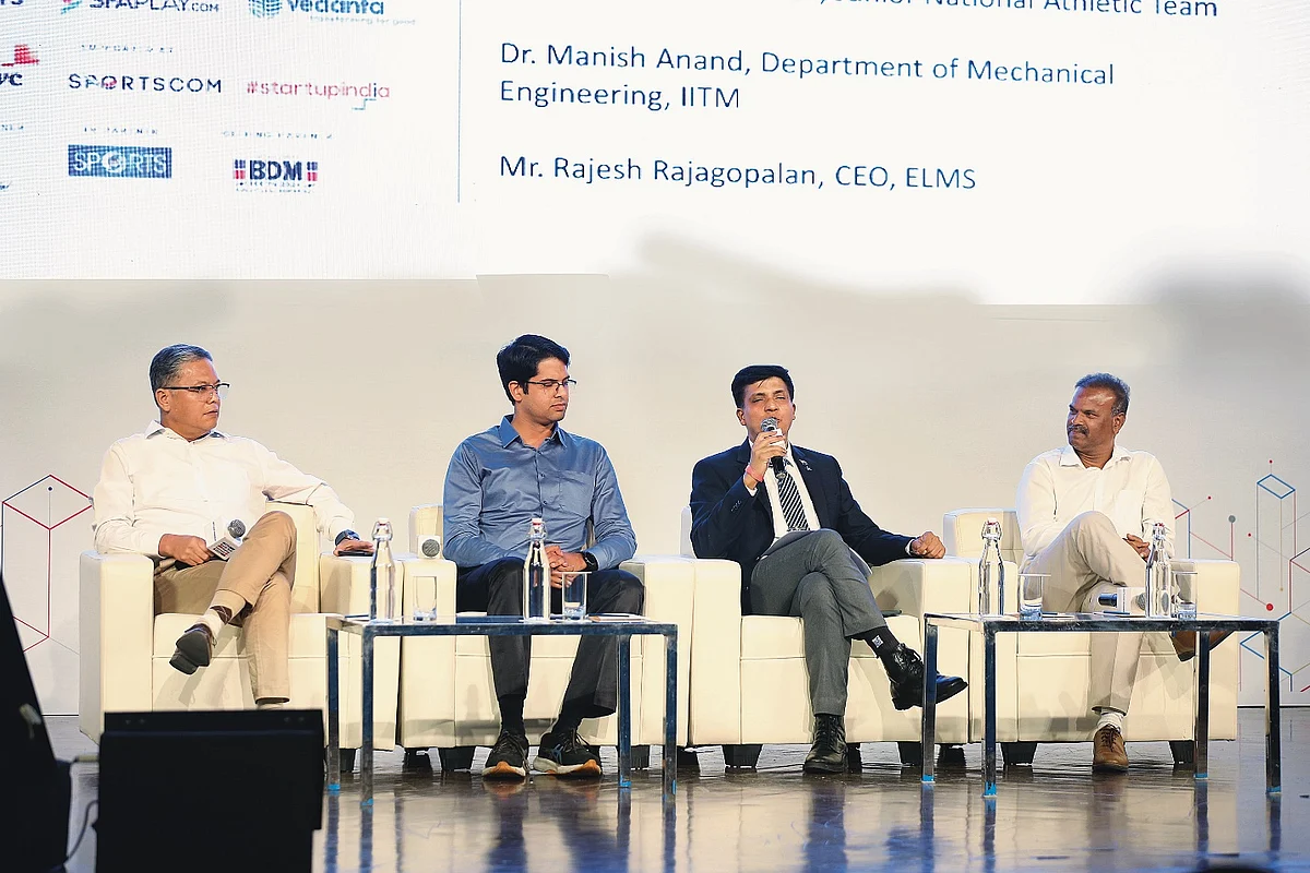 Mr. Rajesh Rajagopalan, CEO, ELMS; Dr. Manish Anand, Department of Mechanical Engineering, IITM; Brig. Dr. Bibhu Kalyan Nayak, Director in-charge and Head, NCSSR (Moderator); Shri. Ramesh Nagapuri, Dronacharya Awardee, HPD Athletics & Chief Coach, Junior National Athletic Team