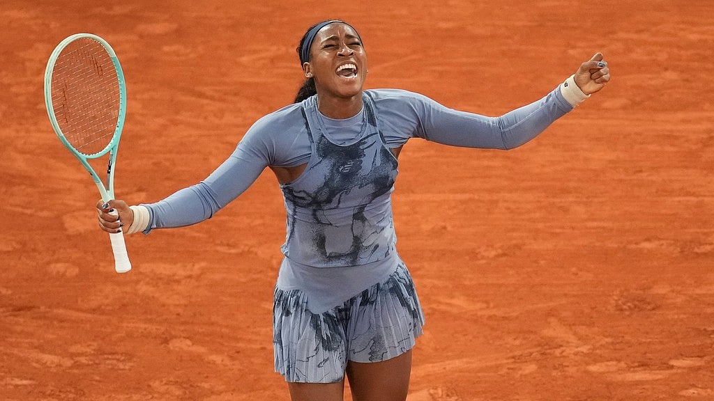 Photo: AP : Coco Gauff celebrates after winning her French Open quarter-final match against Madison Keys at the Roland-Garros stadium in Paris.