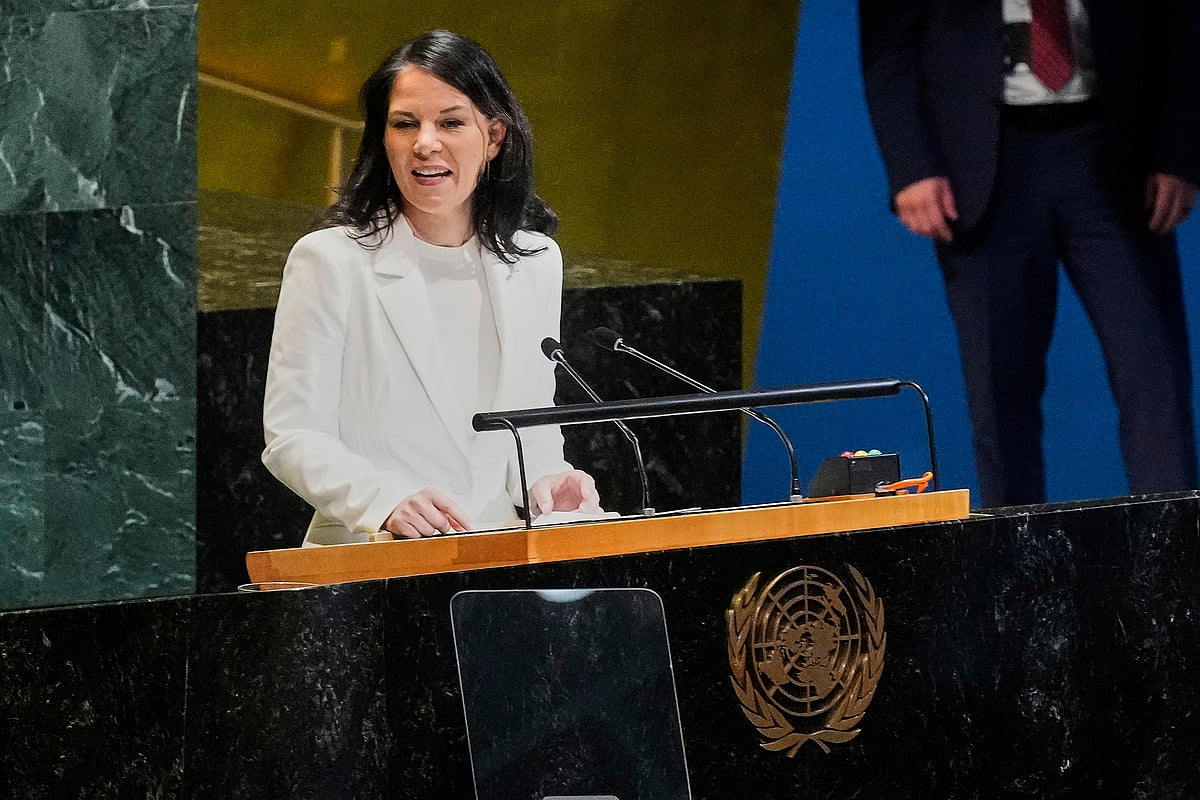 AP Photo/Richard Drew : Annalena Baerbock of Germany addresses the United Nations General Assembly after she was elected as president of the 80th session of the body, Monday, June 2, 2025. 