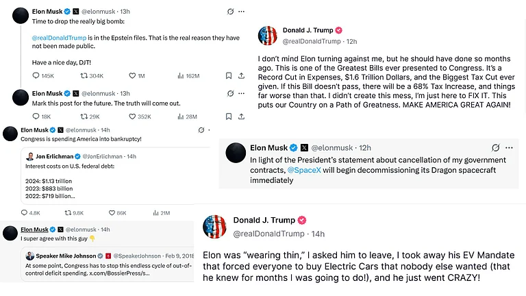 The feud between U.S. Presdient Donald Trump and billionaire Elon Musk - - X and Truth Social Handles -