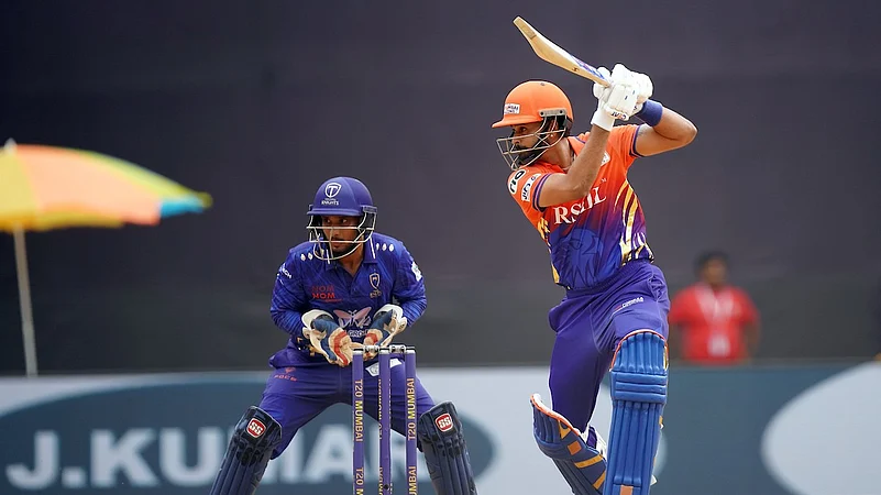 Shreyas Iyer of Sobo Mumbai Falcons plays a shot during match.
