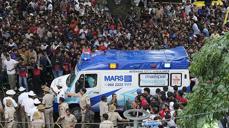 Bengaluru Stampede: Ambulance gathered outside the M Chinnaswamy stadium. - | Photo: AP/Aijaz Rahi