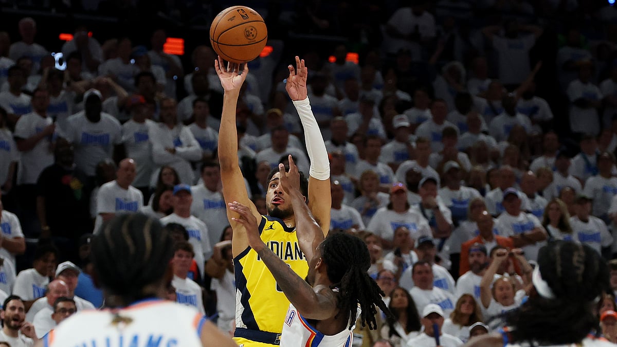 Tyrese Haliburton gets up to make the game-winning shot in Game 1 of the NBA Finals.