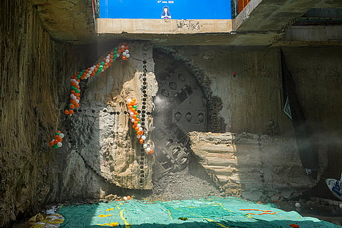 Metro tunnel breakthrough on Delhi Metro Golden Line Corridor in Delhi