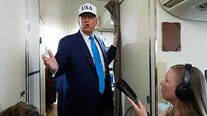 | Photo: AP/Manuel Balce Ceneta : President Donald Trump speaks to reporters on board Air Force One on its way from Joint Base Andrews, Md., to Morristown Municipal Airport in Morristown, N.J., Friday, June 6, 2025.