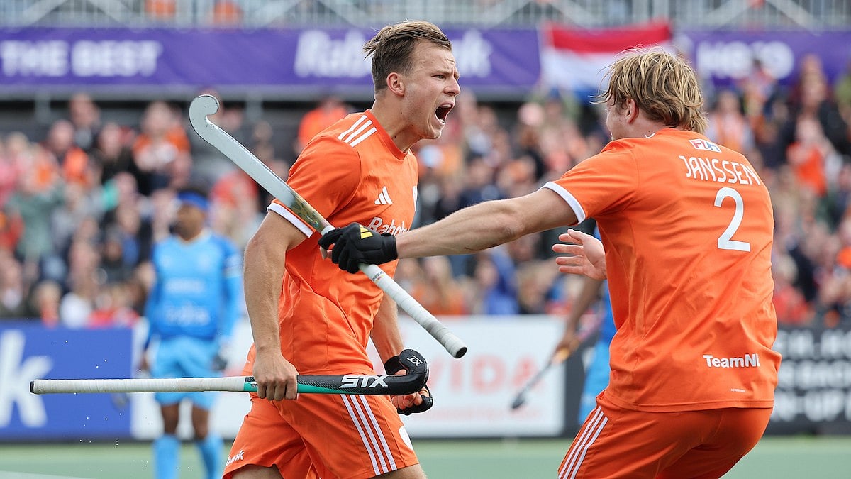 Photo: X/International Hockey Federation : Thijs van Dam (left) celebrates after scoring for Netherlands against India in the FIH Pro League.