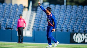 | Photo: Instagram/cricketassociationofnepal : Nepal's Lalit Rajbanshi celebrates a wicket against Netherlands.