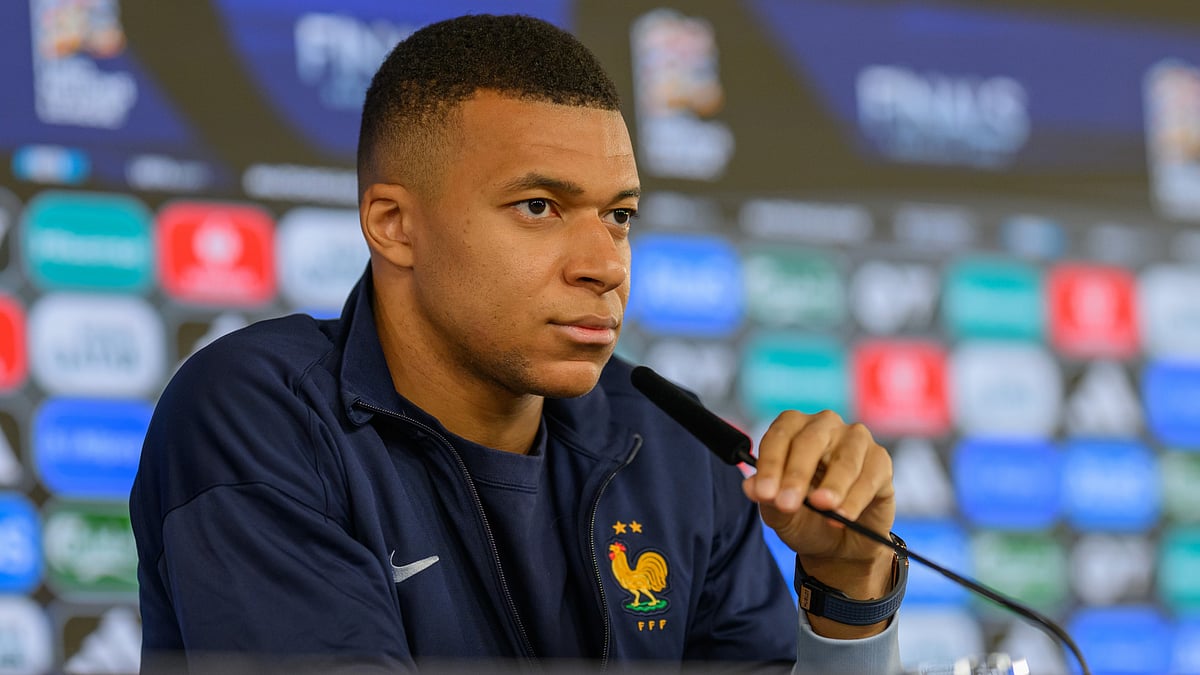 Kylian Mbappe pictured at Saturday's France press conference