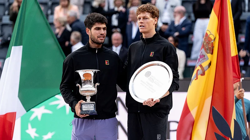 Carlos Alcaraz and Jannik Sinner pictured after Mays Italian Open final