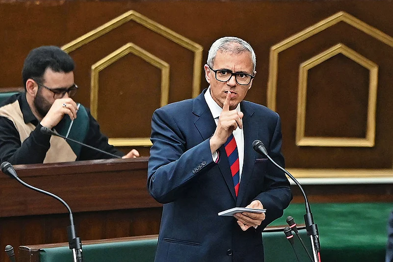 Omar Abdullah speaks during the Budget session of the Jammu and Kashmir Assembly