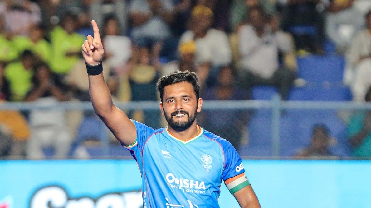 Special arrangement : India captain Harmanpreet Singh celebrates.